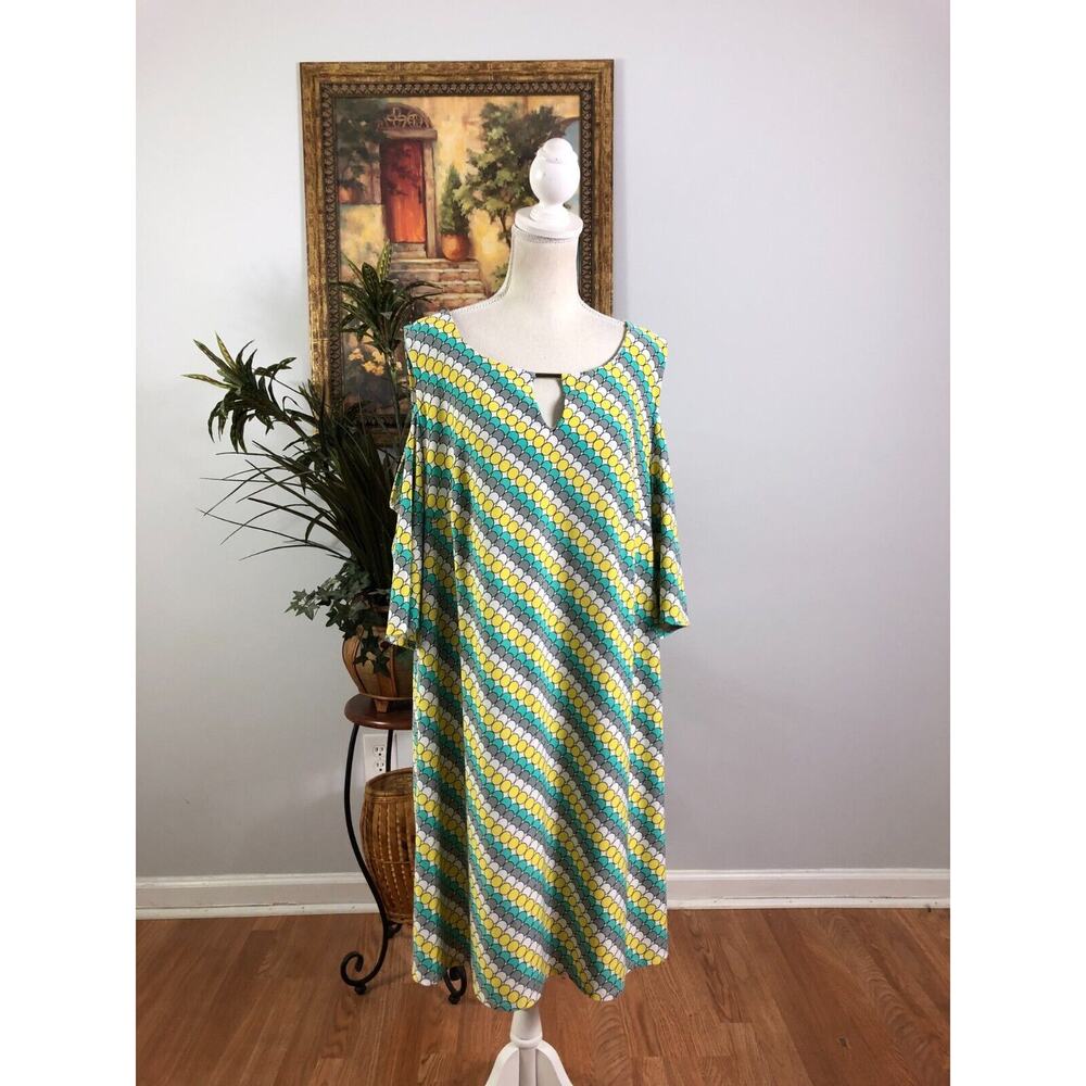 Tacera Dress‎ Womens Size 2X Multicolor Circle Print Cold Shoulder Keyhole Neck